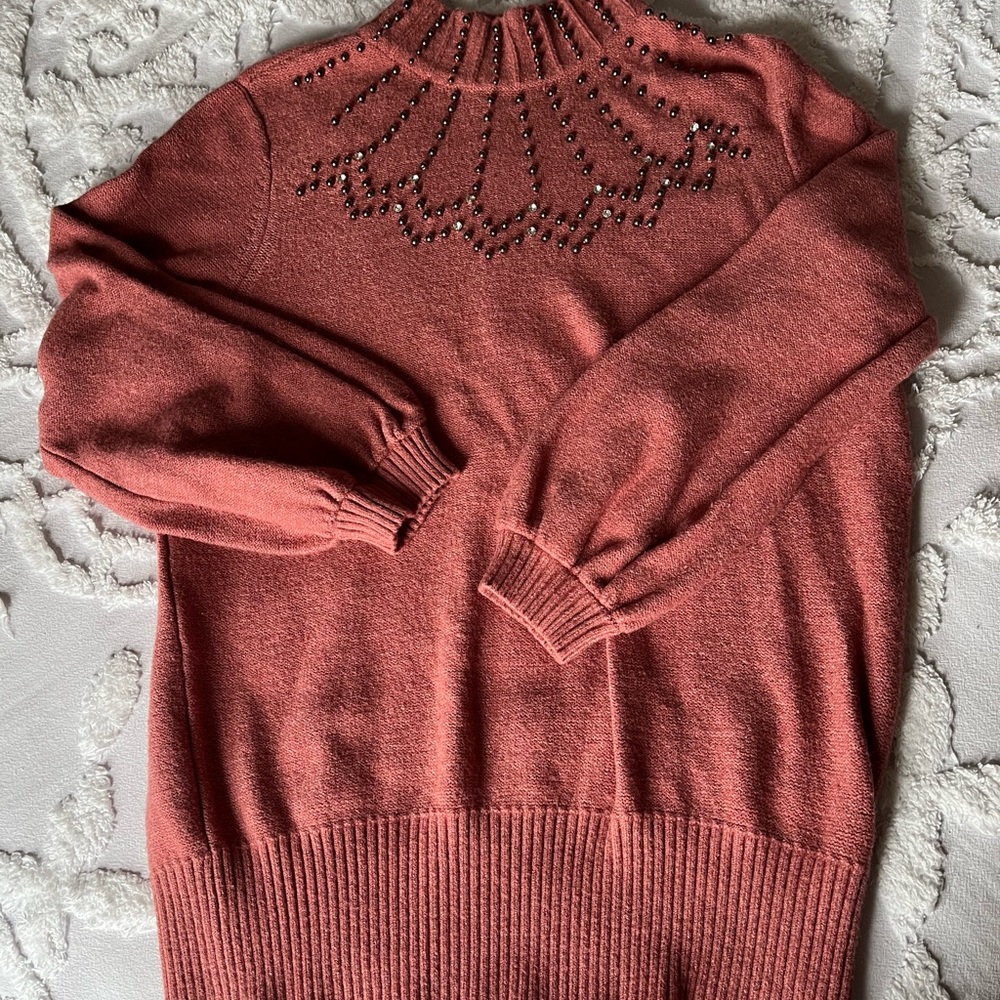 Elegant Beaded Women's Sweater - Rust